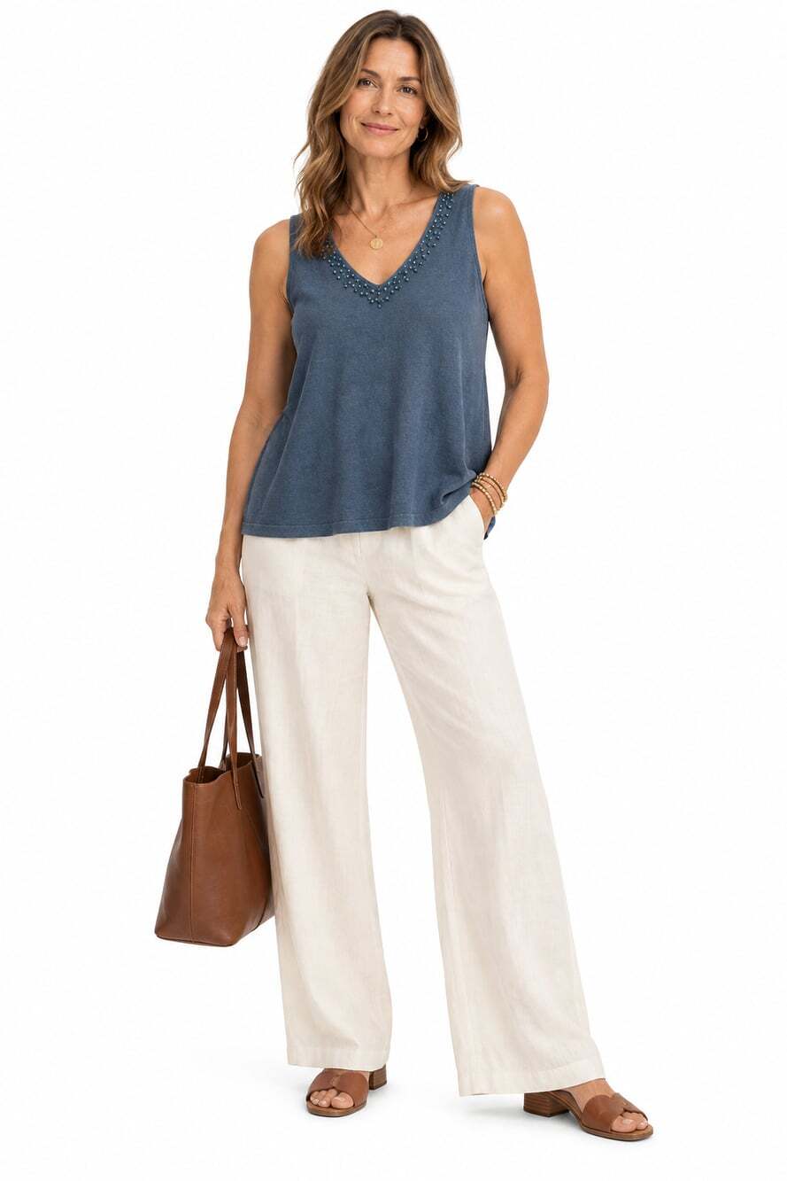 Eileen Fisher Women's Muted Blue Beaded V-Neck Knit Tank Top (Size M)
